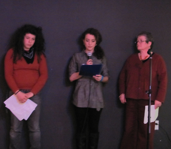 Oliva Fogel, Kayla Follett and Kimberley Douglass (left to right) with the Fredericton Sexual Assault Crisis Centre share a moving poem and words on their work to end sexual violence. Photo: Tracy Glynn. fsacc