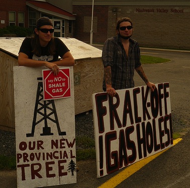 Shale gas opponents outside SWN Resources' shale gas open house in Durham Bridge on June 29th, 2011. Photo: Charles LeBlanc. frackoff