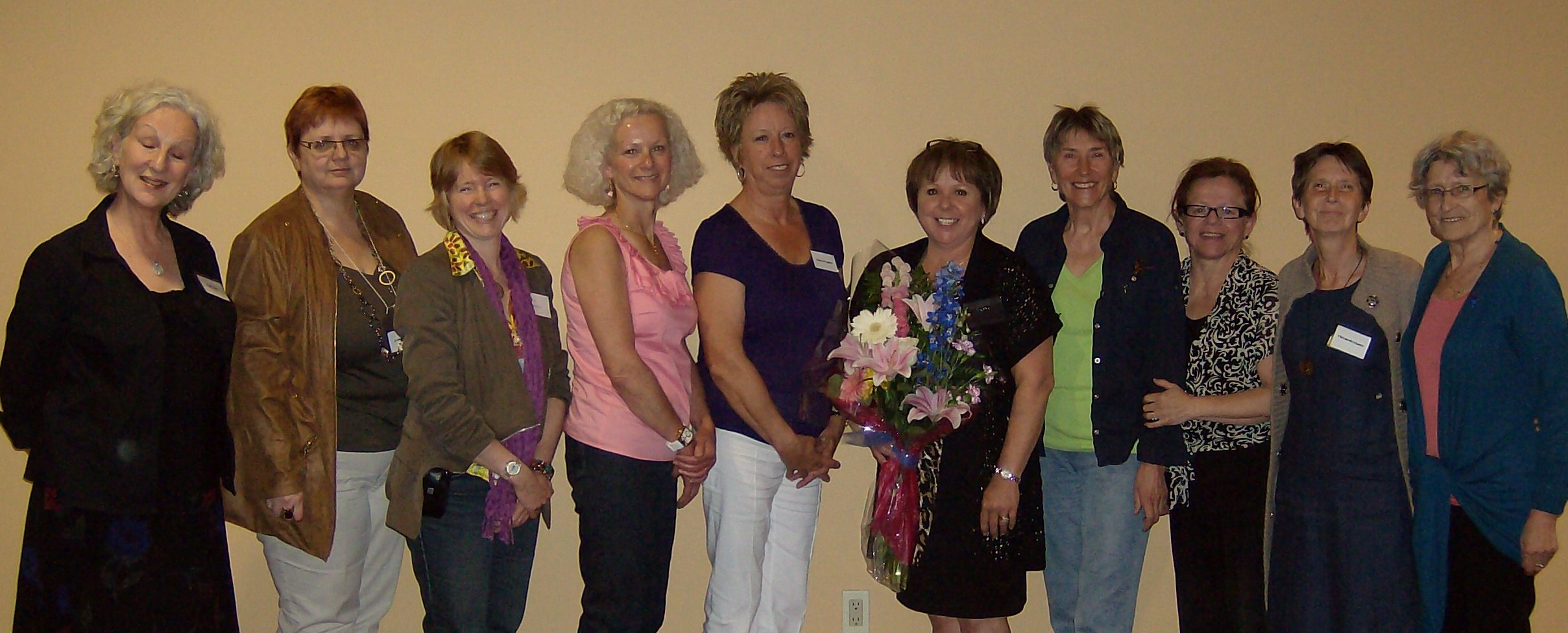 From left to right: Gail Taylor, Lydia Jaillet, Vallie Stearns (new Chair), Linda Richardson, Thérèse Duguay, Marilyn MacCormack (past Chair), Roberte Léger, Elizabeth Coburn, Elizabeth Coburn, Elizabeth Blaney and Huberte Gautreau. payequitychairs