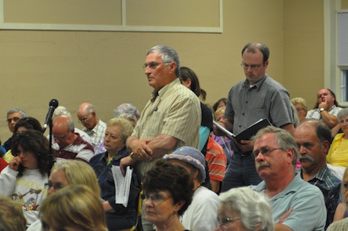 The audience grills government and company officials at a meeting on shale gas in Taymouth on June 15th, 2011. Photo: Stephanie Merrill. taymouth 6-15-11 0097-1