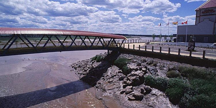 The Petitcodiac River and footbridge in Moncton. Photo by Brian Atkinson from the Images of New Brunswick database.