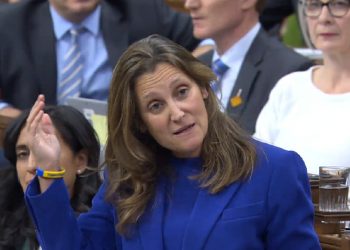 A woman, standing and wearing blue, gestures with one hand as she speaks, standing upright with her head tilted to one side. Seated beside and behind her are other politicians.