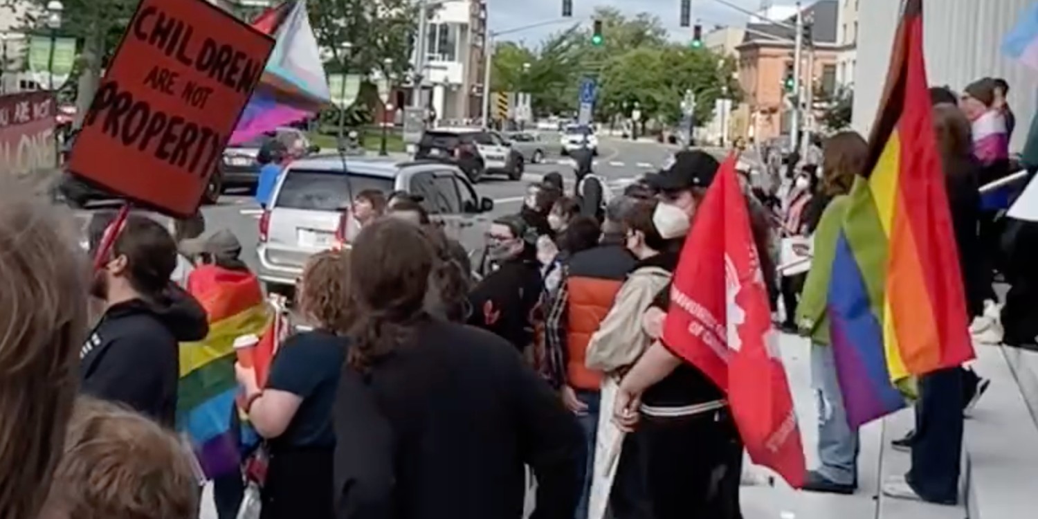 Protesters hold signs and pride flags.