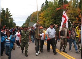 A group of land defenders on a rural highway.