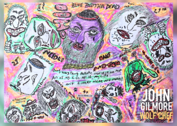 A drawing with faces with big teeth and eyes, surrounded by swirls of orange and pink, numbers, and letters.