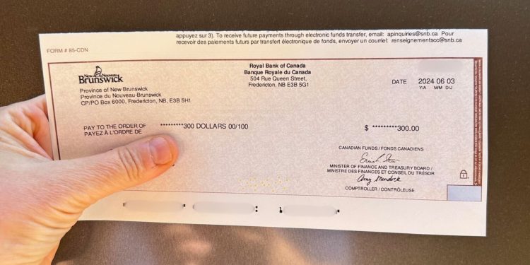 A cheque from the Province of New Brunswick for $300, dated June 3, 2024, issued by the Royal Bank of Canada.